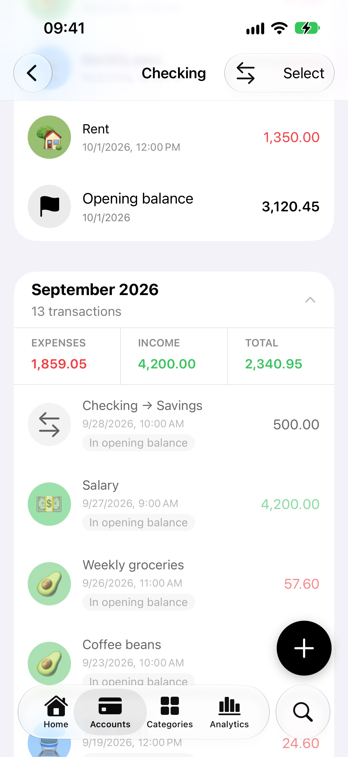 Opening balance marker in the account's transactions