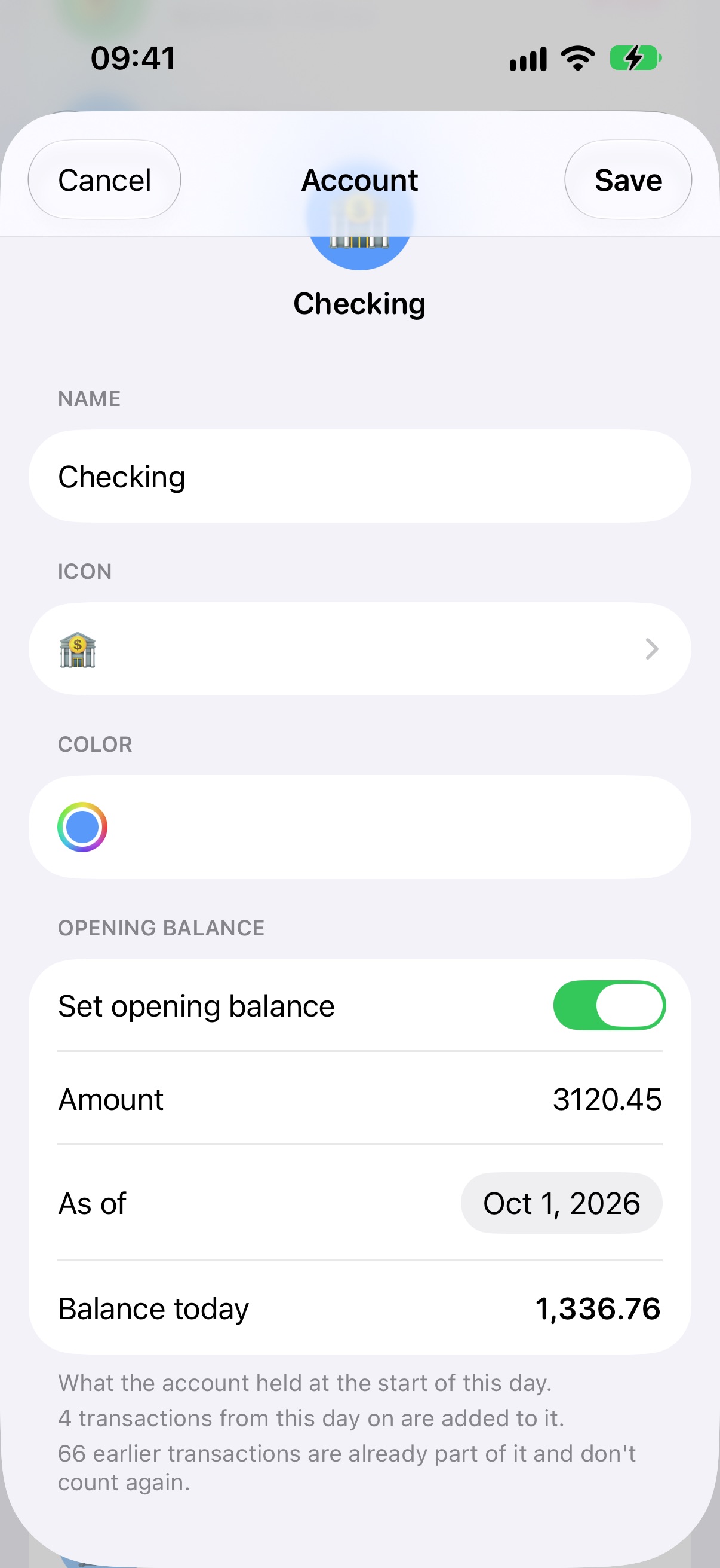 Opening balance in the account form