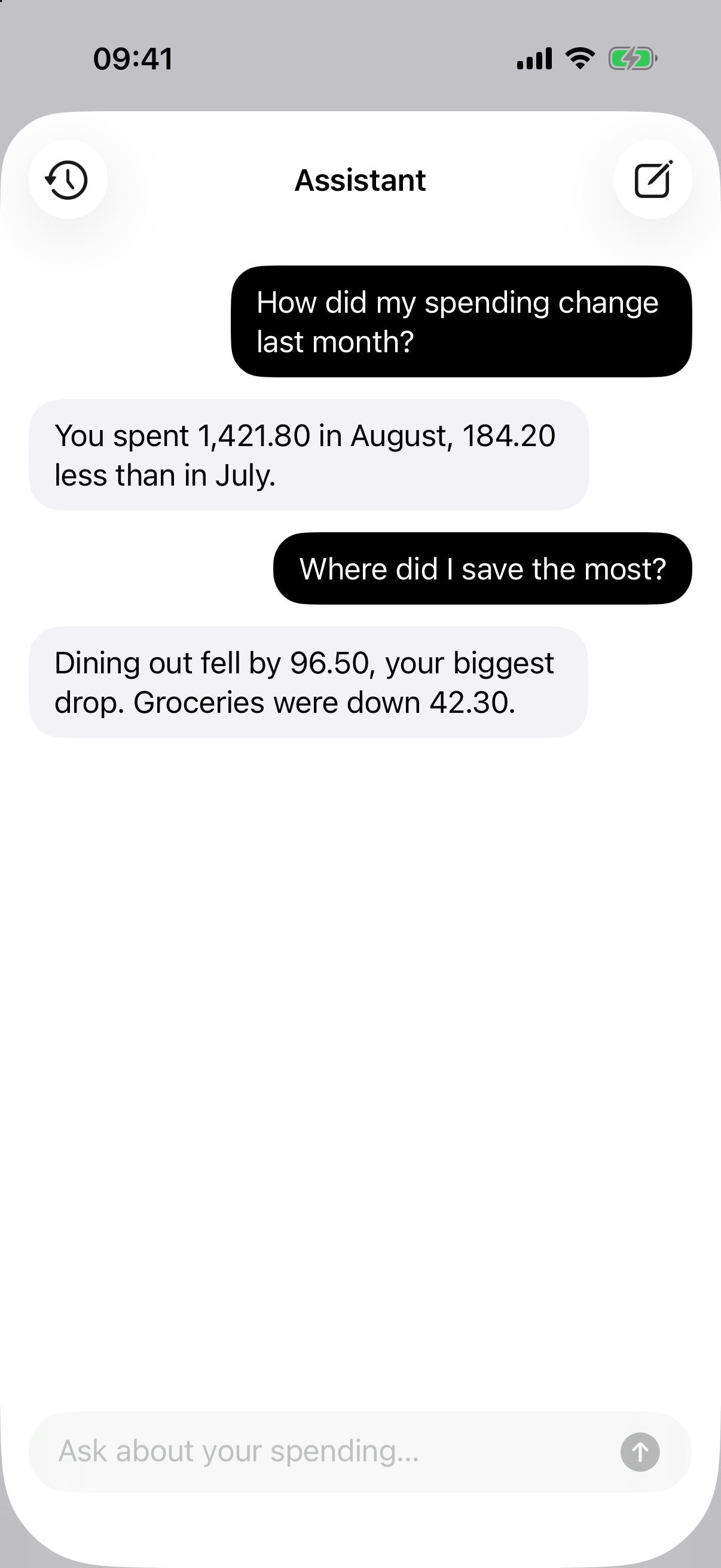 AI assistant conversation comparing spending between months